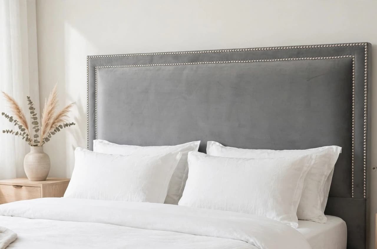 Respaldo tapizado gris en dormitorio con ropa de cama blanca