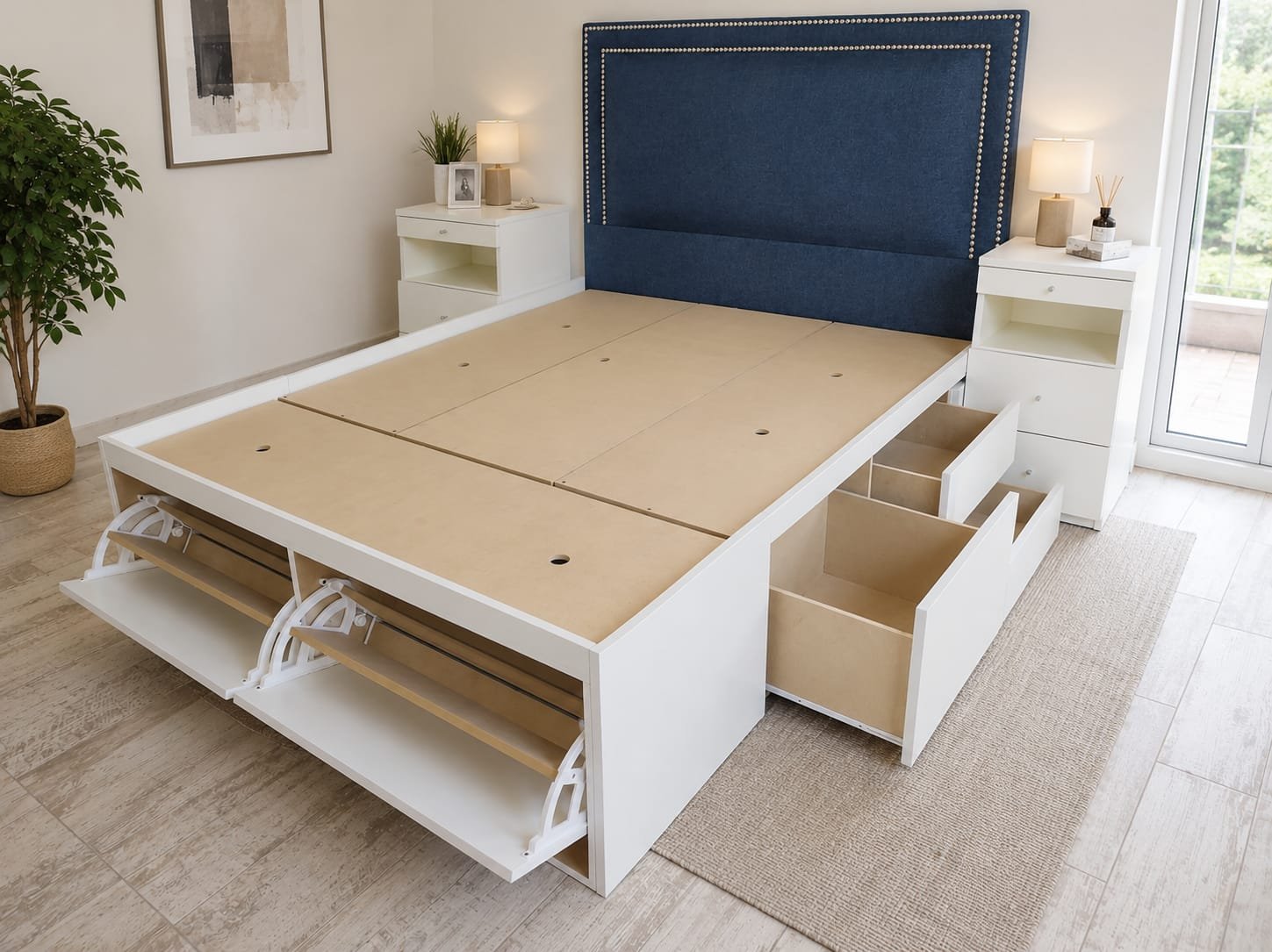 Cama con respaldo tapizado azul y mesas de luz a juego