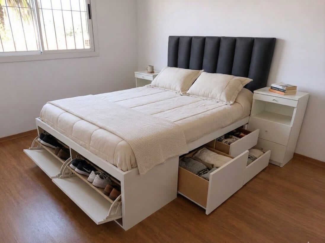 Cama con cajones zapateros abiertos y respaldo gris