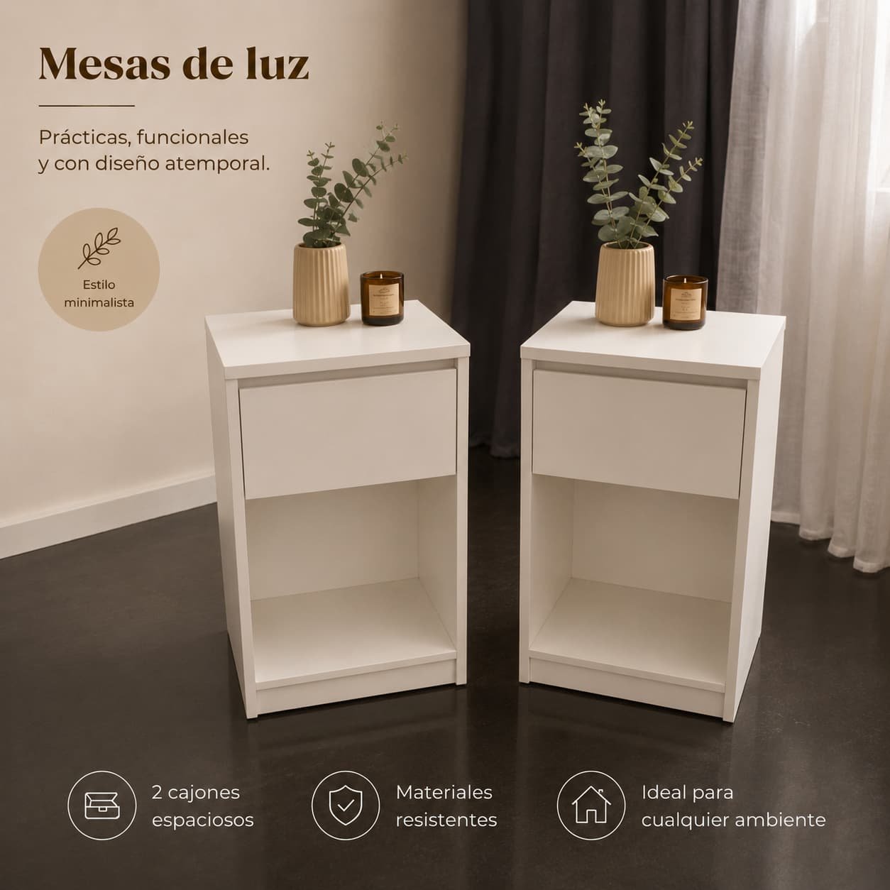 Mesa de luz con un cajón, estilo minimalista