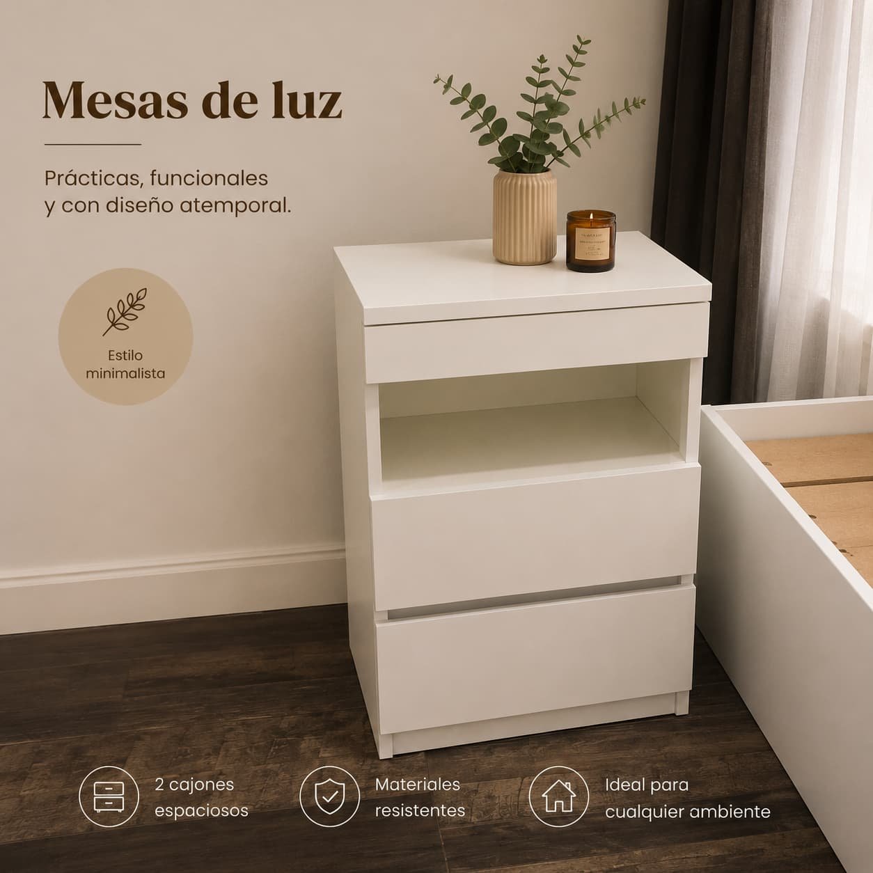 Mesas de luz con dos cajones, estilo minimalista