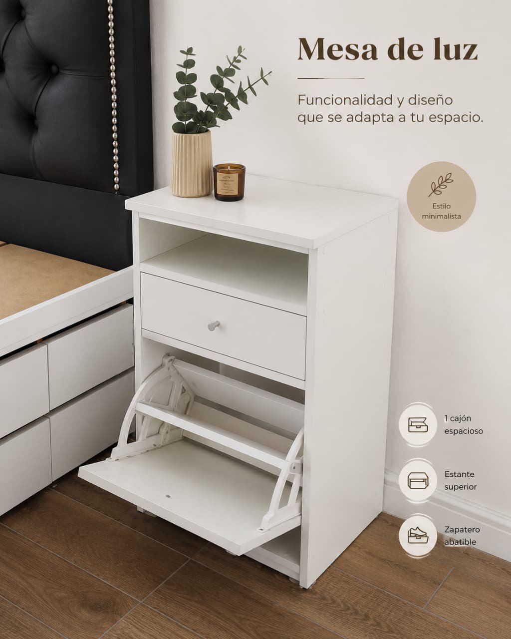Mesa de luz con cajón y zapatero abatible